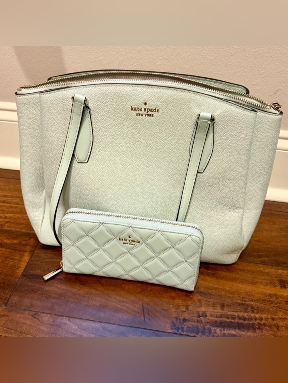 Kate Spade mint green leather tote purse with mint green quilted wallet.